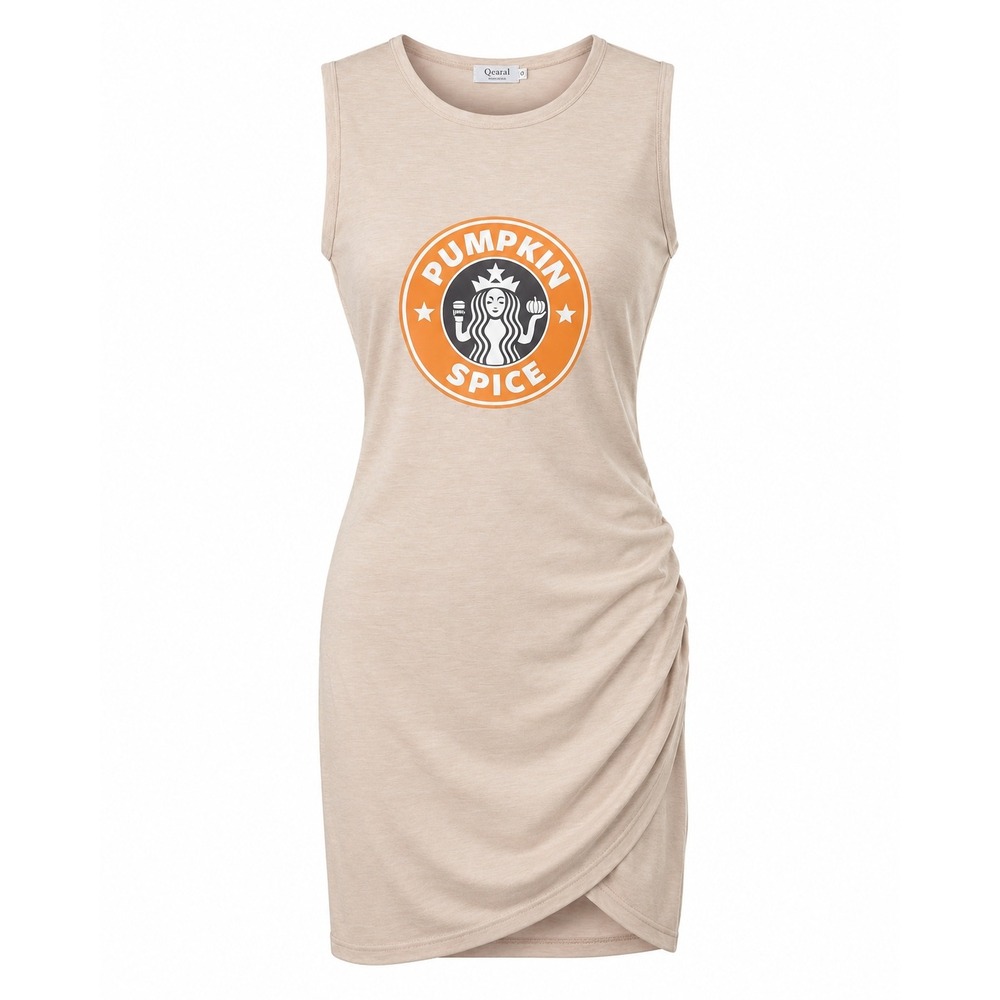 Qearal Pumpkin Spice Dress Womens S Peach Ruched Sleeveless Graphic Mini Costume
